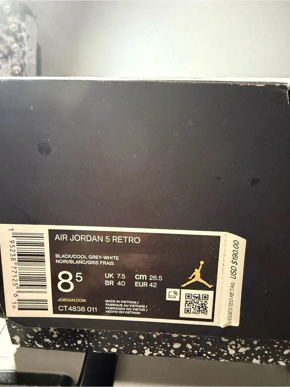Jordan Air Jordan 5 Retro Black Cool Grey White Box Label size 8 1/2